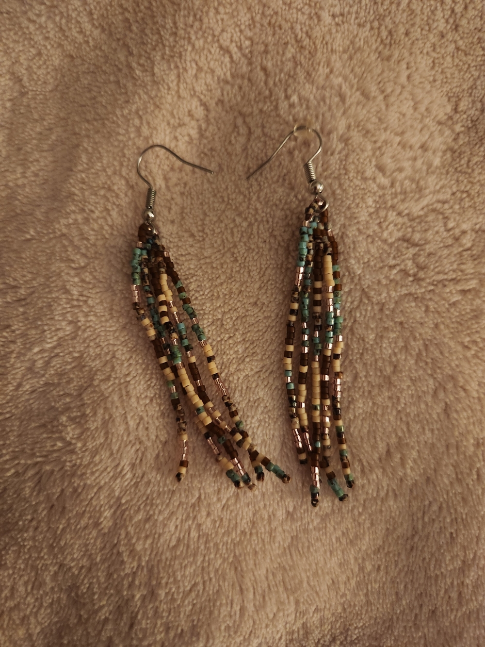 Beaded Tassel Drop Earrings in Turquoise, Brown and Cream